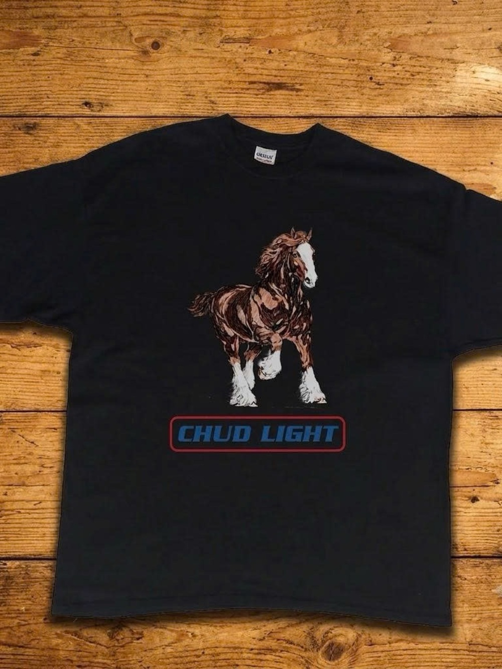 Gildan Black Tee with Brown & White Horse "Chud Light" Graphic
